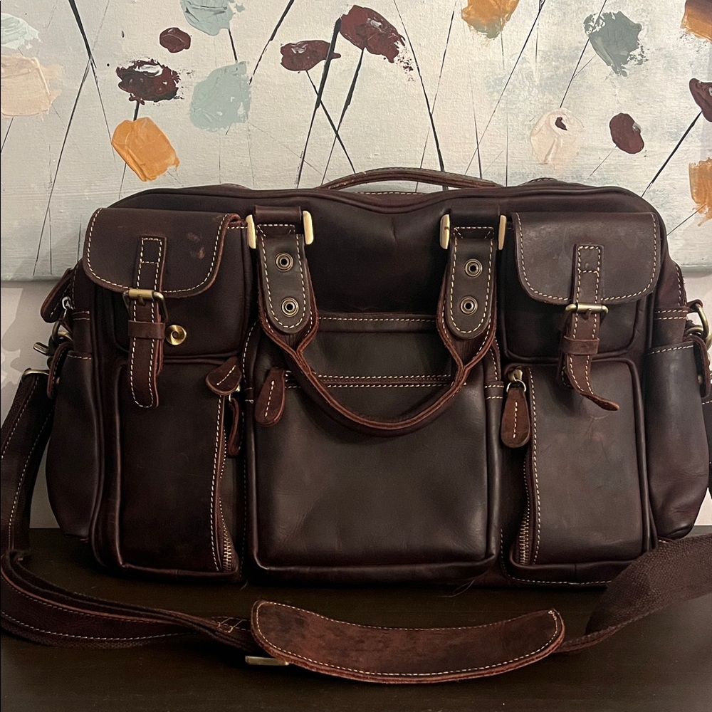 Classic Dark Brown Leather Briefcase with Multiple Compartments 19” wide 11”tall